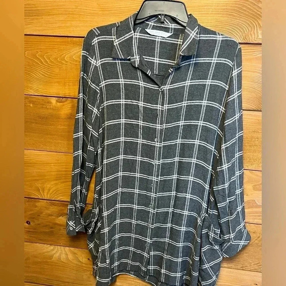 Women's pre-worn Zara Basic Z1975 Denim Large gray button up plaid Metallic stri - Picture 1 of 9